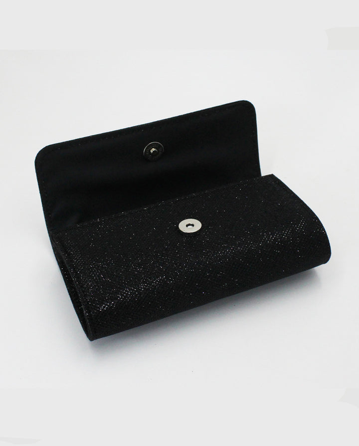 Black Glitter Suede Rectangular Silver Chain Crossbody Clutch Bag