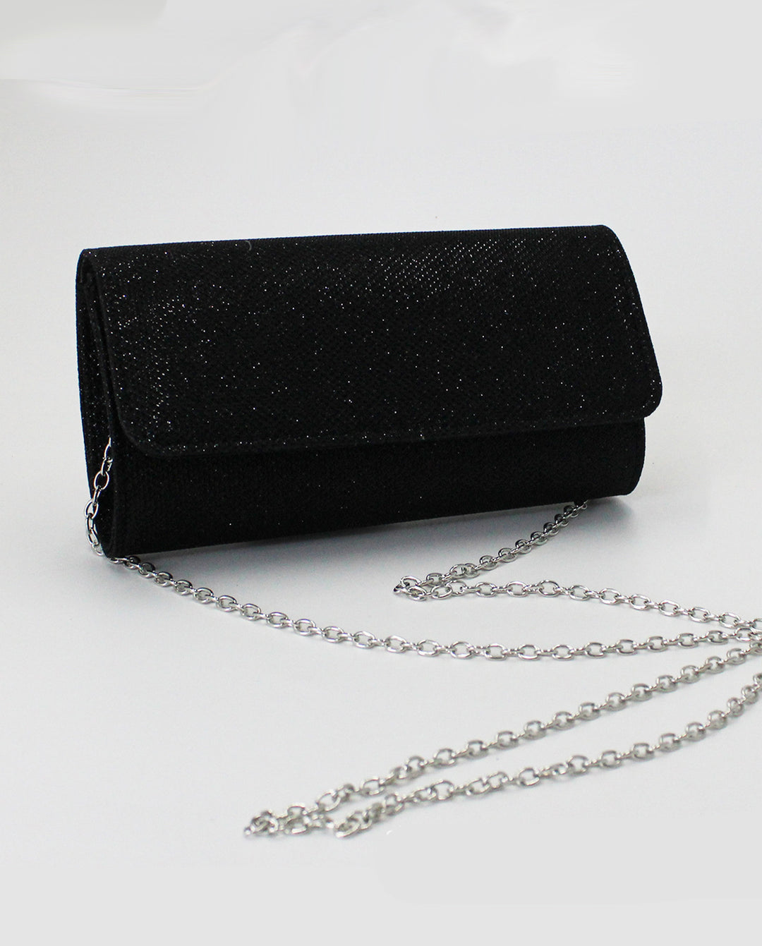 Black Glitter Suede Rectangular Silver Chain Crossbody Clutch Bag