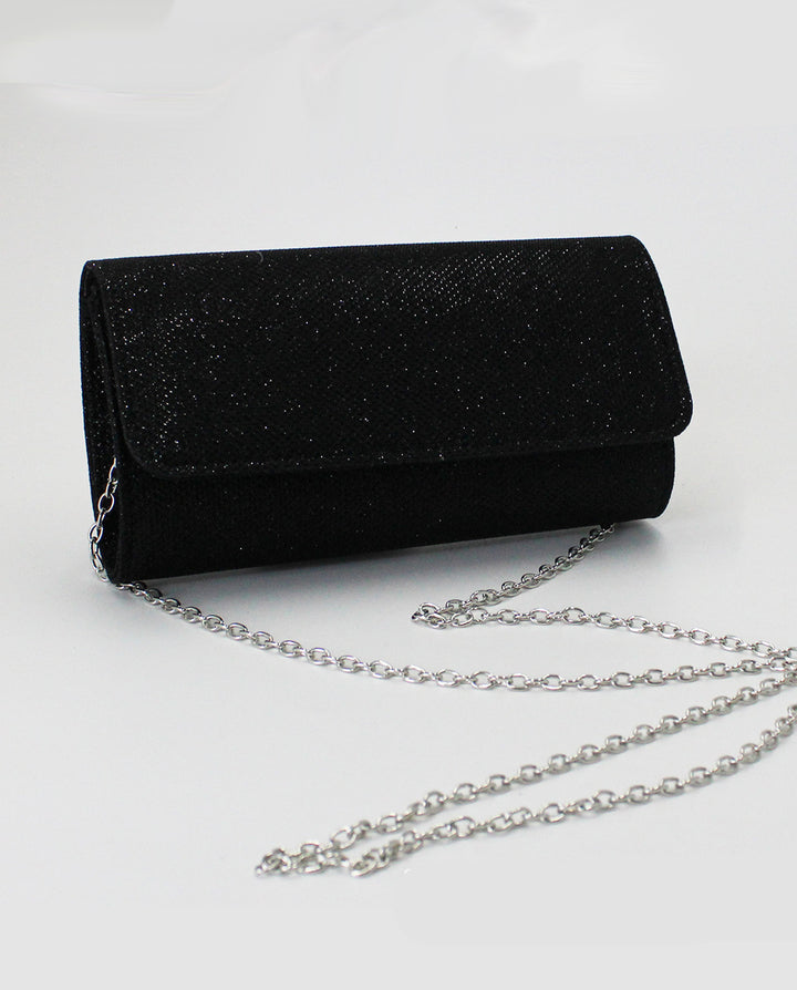 Black Glitter Suede Rectangular Silver Chain Crossbody Clutch Bag