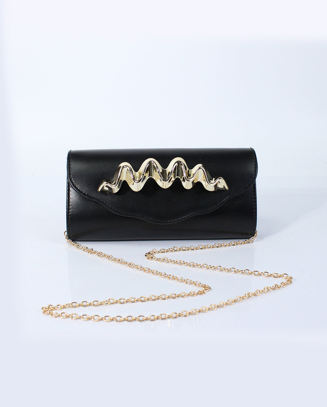 Black Smooth Faux Leather Wavy Gold Hardware Flap Crossbody Clutch Bag