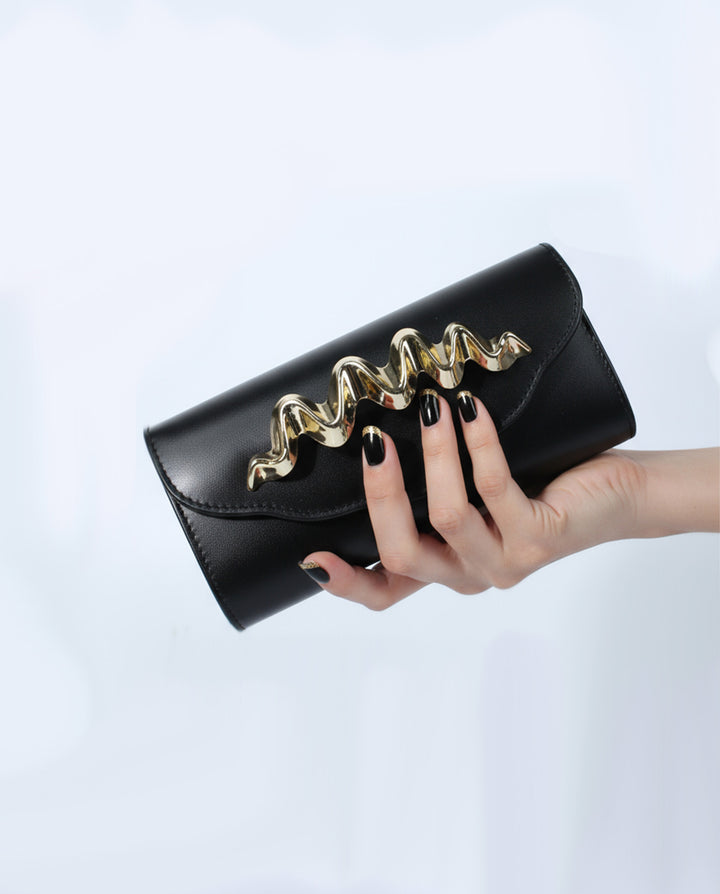 Black Smooth Faux Leather Wavy Gold Hardware Flap Crossbody Clutch Bag