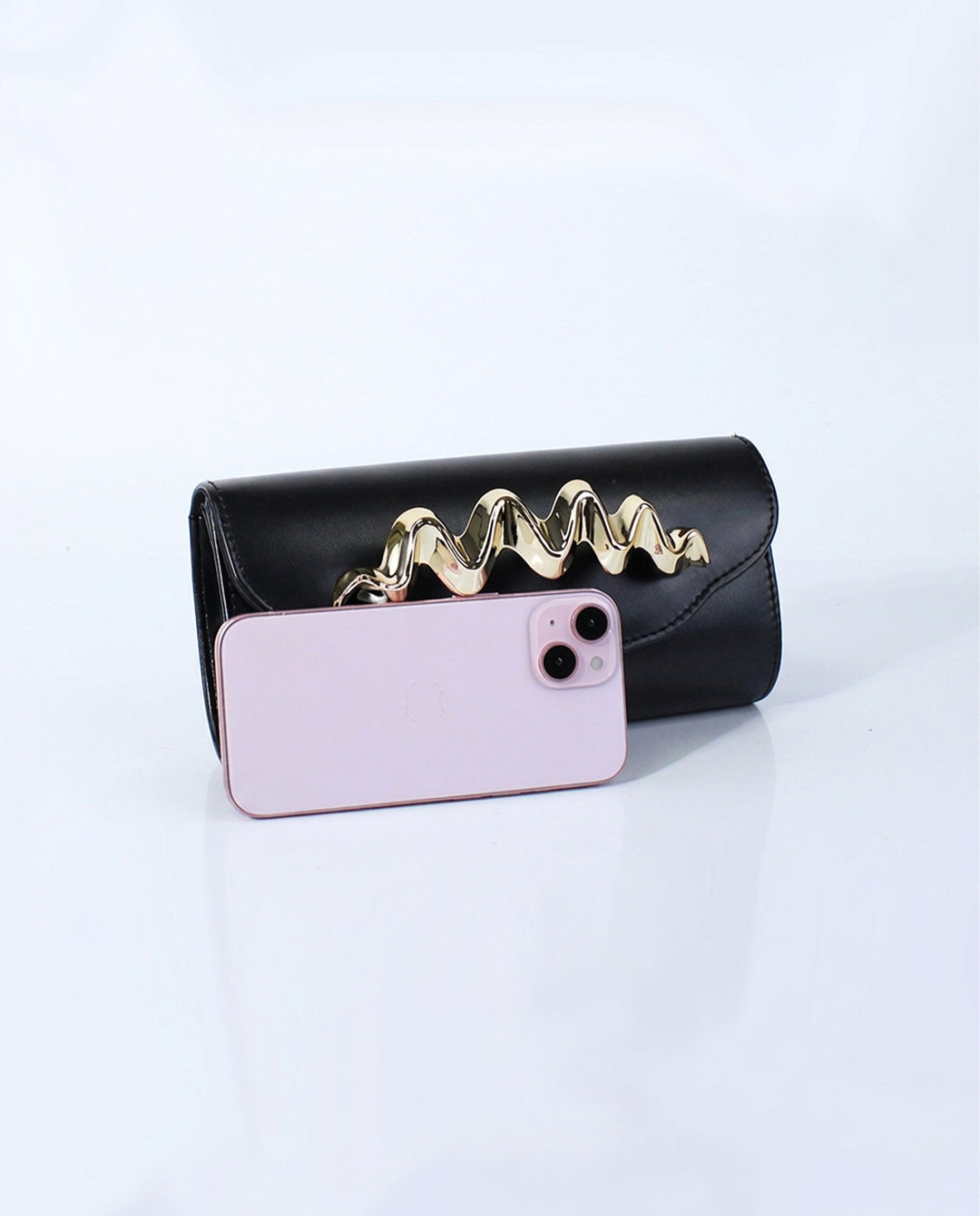 Black Smooth Faux Leather Wavy Gold Hardware Flap Crossbody Clutch Bag
