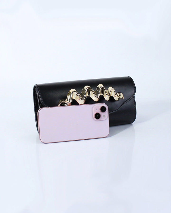 Black Smooth Faux Leather Wavy Gold Hardware Flap Crossbody Clutch Bag