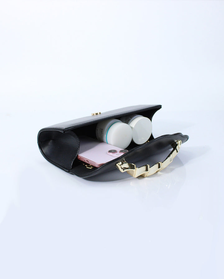 Black Smooth Faux Leather Wavy Gold Hardware Flap Crossbody Clutch Bag