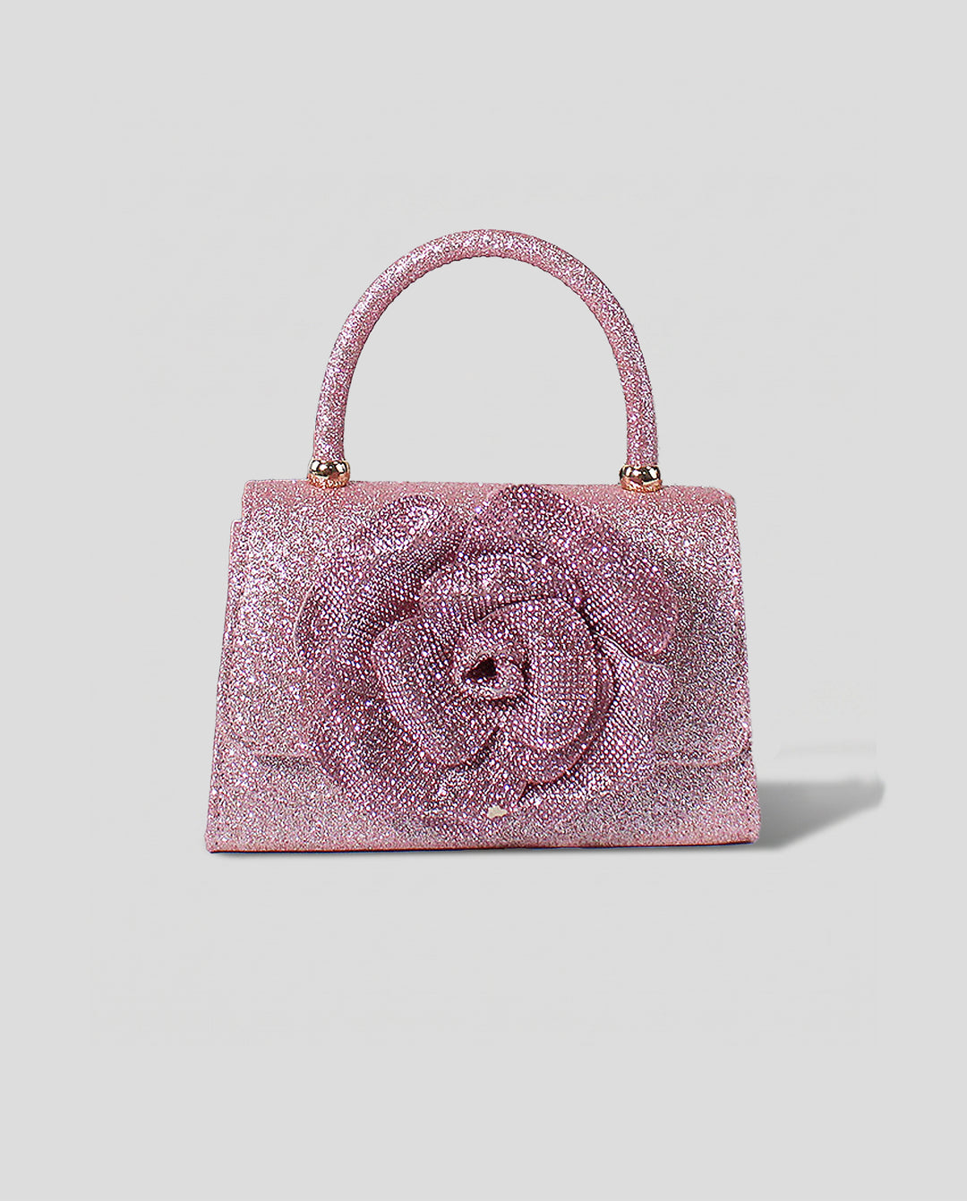Pink Glitter 3D Rhinestone Rose Top Handle Flap Crossbody Mini Handbag