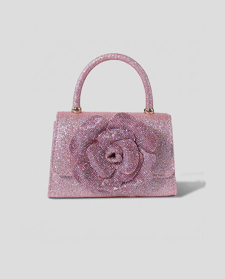 Pink Glitter 3D Rhinestone Rose Top Handle Flap Crossbody Mini Handbag