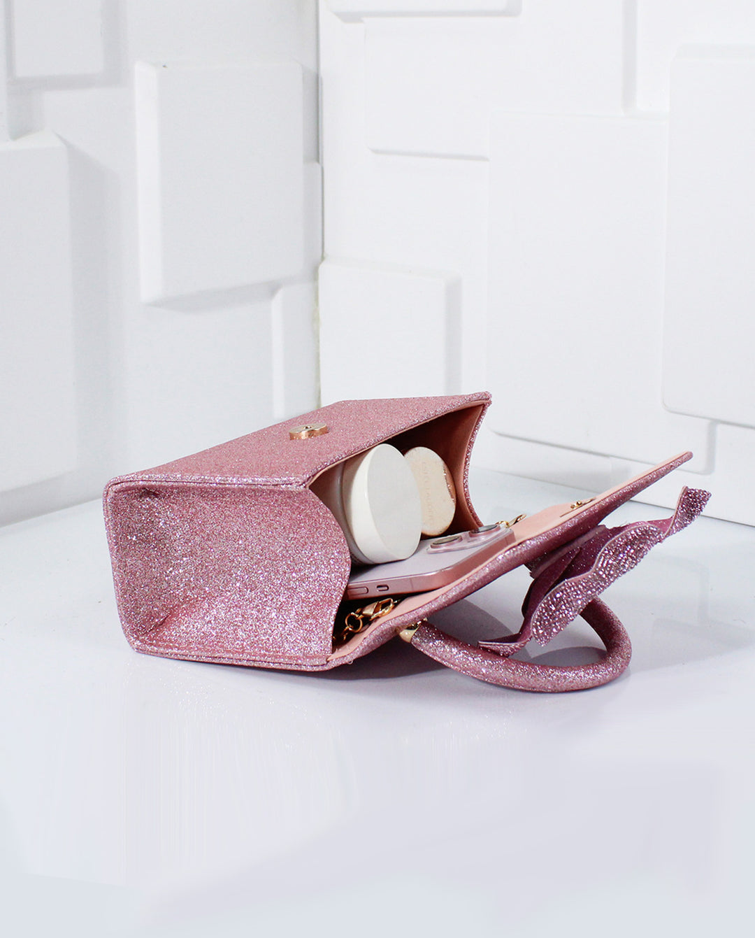 Pink Glitter 3D Rhinestone Rose Top Handle Flap Crossbody Mini Handbag