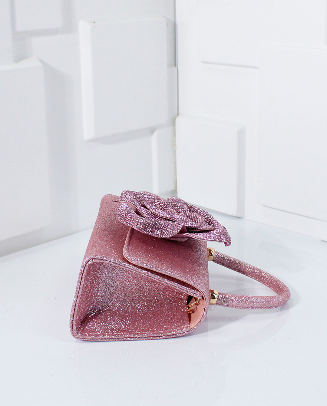 Pink Glitter 3D Rhinestone Rose Top Handle Flap Crossbody Mini Handbag