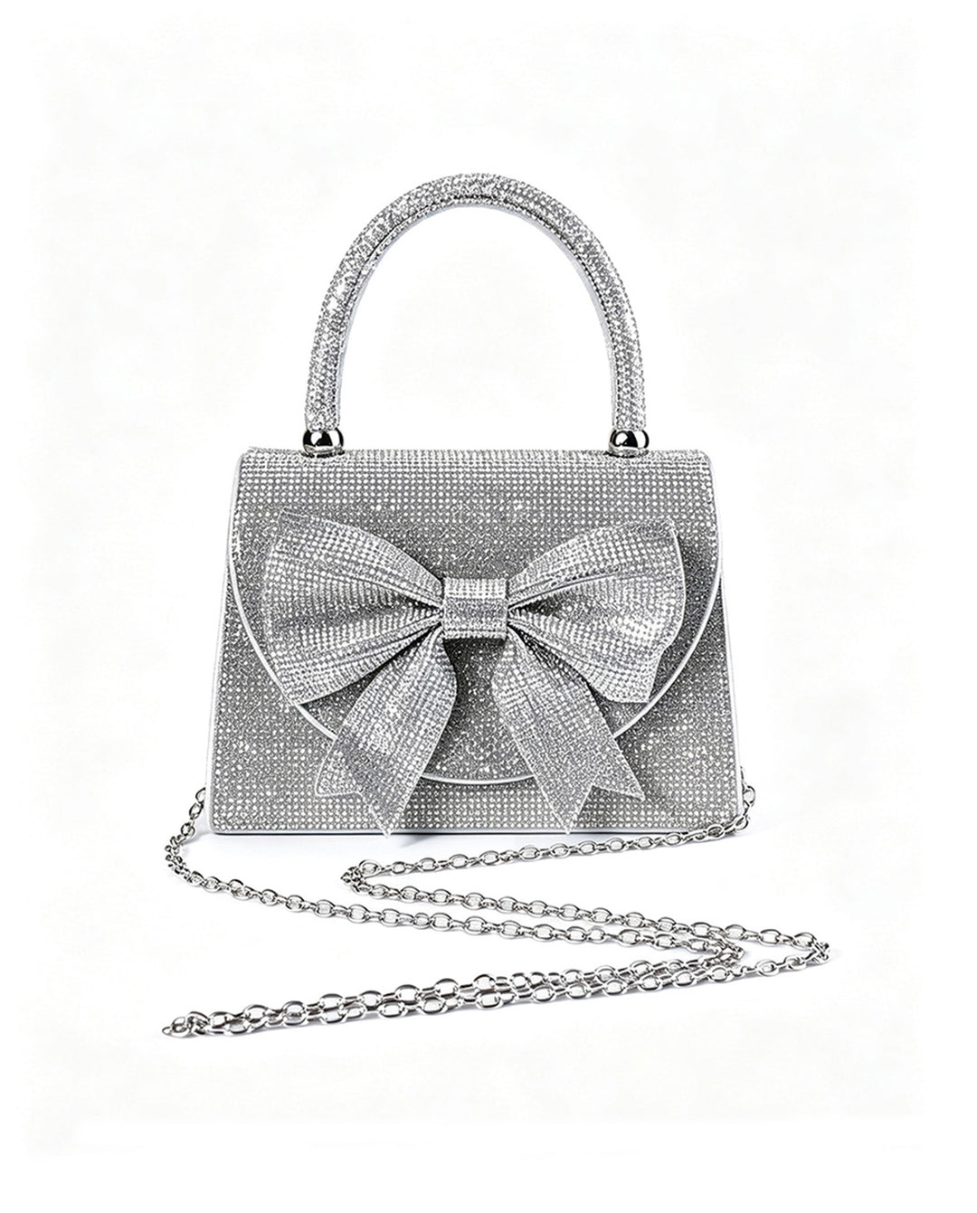 Silver Full Rhinestone Bow Top Handle Silver Chain Crossbody Mini Flap Handbag
