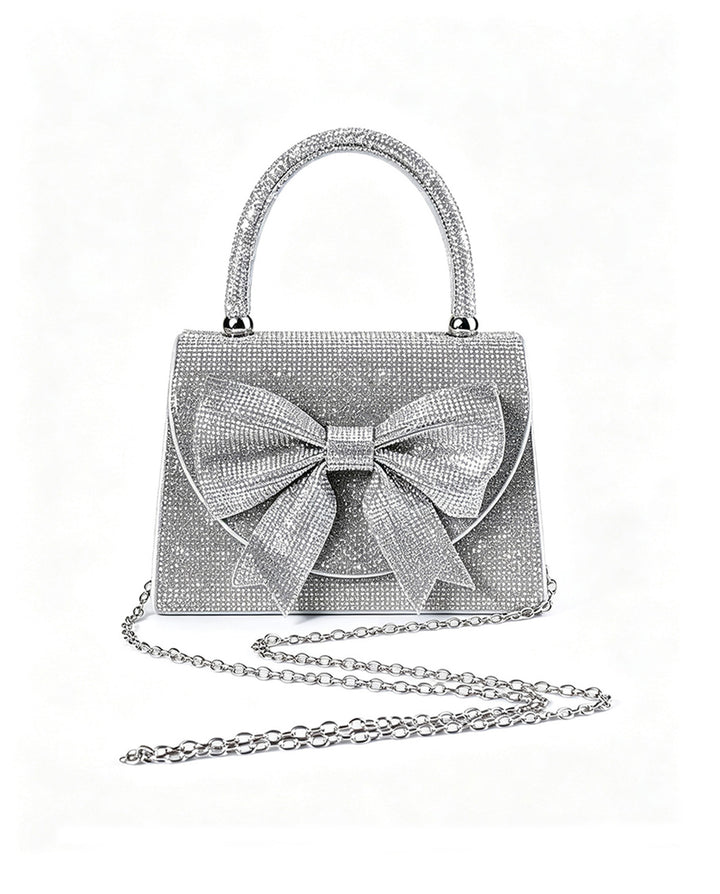Silver Full Rhinestone Bow Top Handle Silver Chain Crossbody Mini Flap Handbag