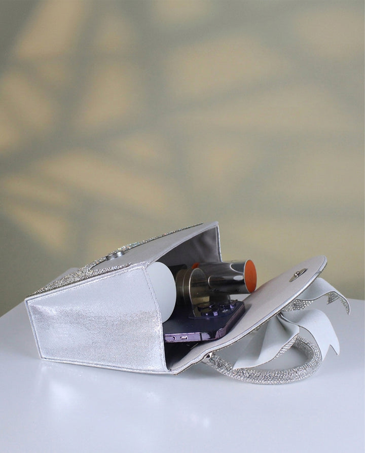 Silver Full Rhinestone Bow Top Handle Silver Chain Crossbody Mini Flap Handbag
