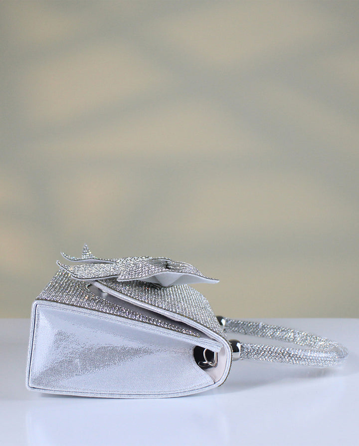 Silver Full Rhinestone Bow Top Handle Silver Chain Crossbody Mini Flap Handbag