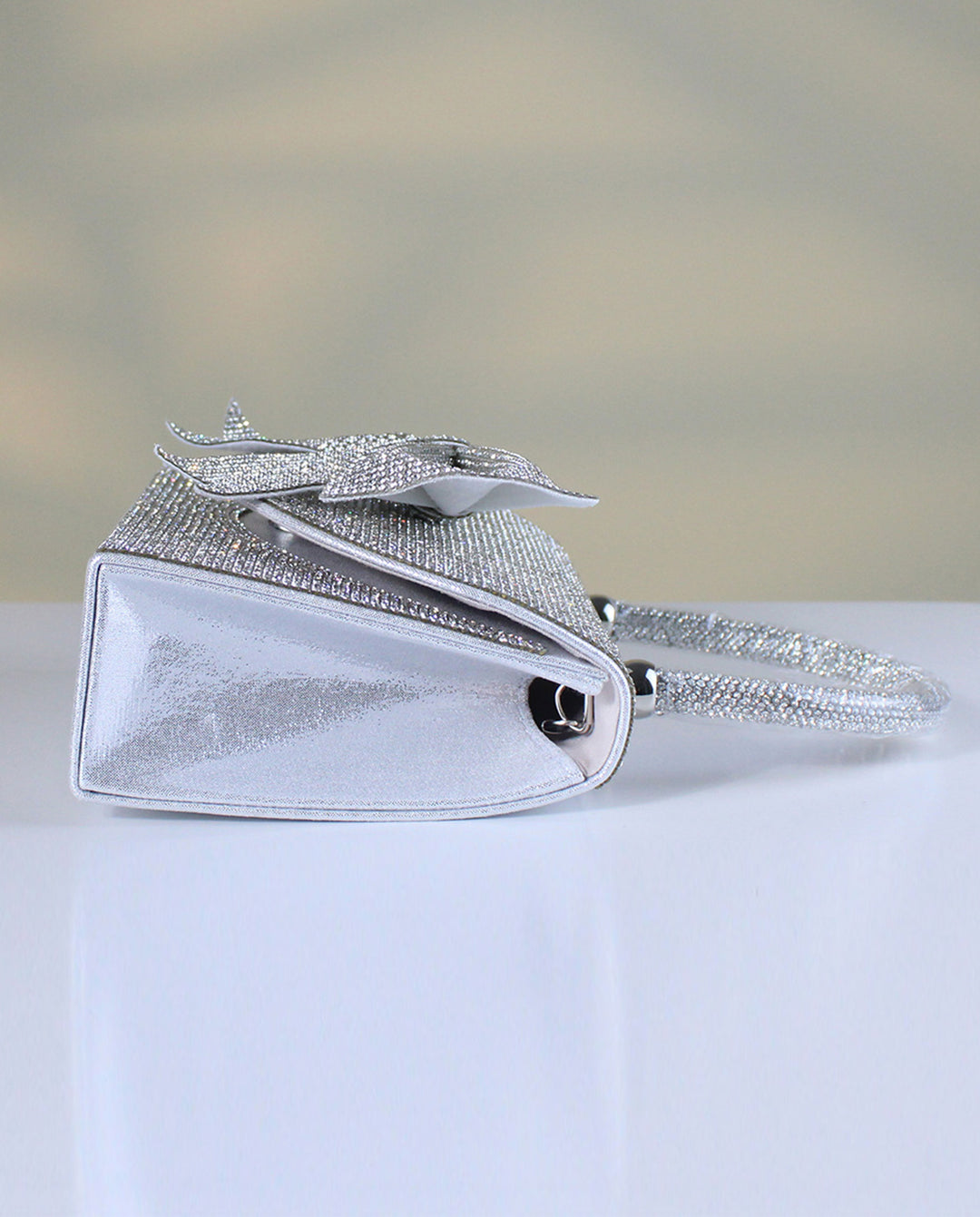 Silver Full Rhinestone Bow Top Handle Silver Chain Crossbody Mini Flap Handbag