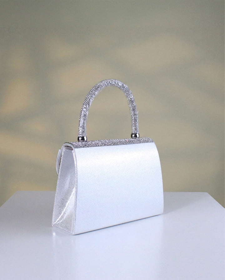 Silver Full Rhinestone Bow Top Handle Silver Chain Crossbody Mini Flap Handbag