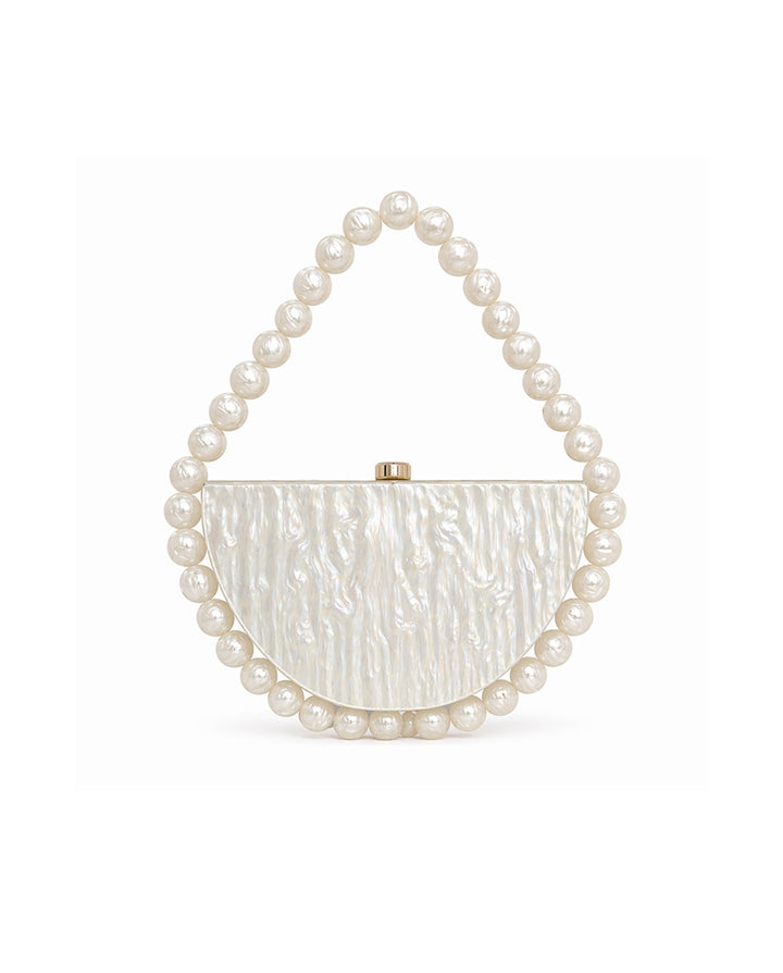 White Marbled Acrylic Half Moon Pearl Top Handle Hard Clutch Bag