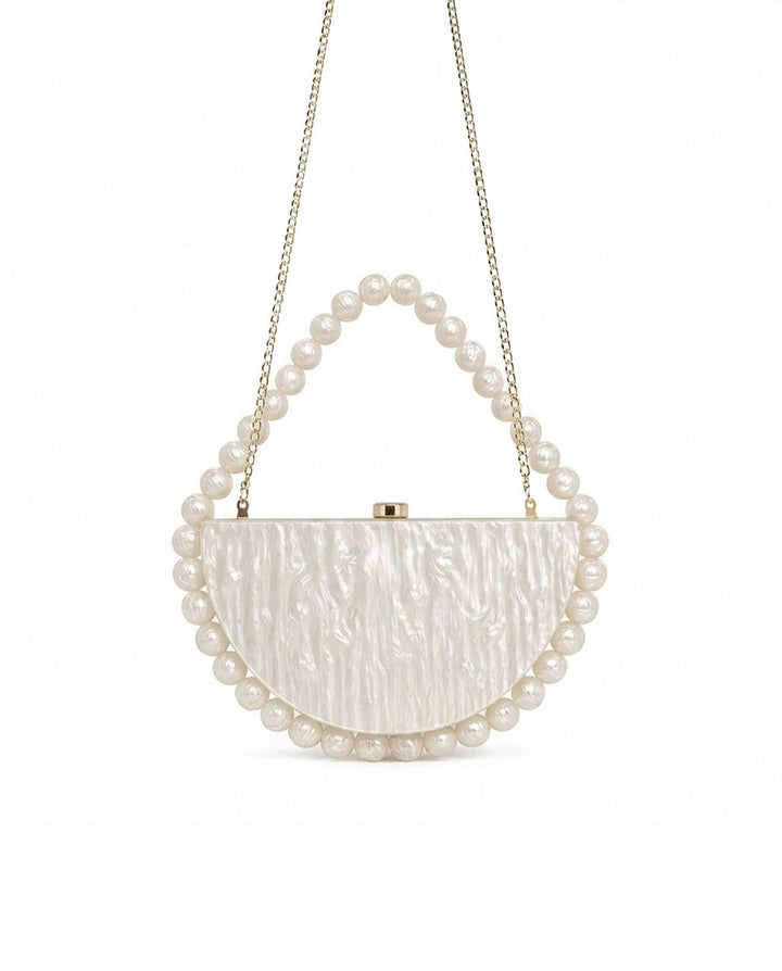 White Marbled Acrylic Half Moon Pearl Top Handle Hard Clutch Bag