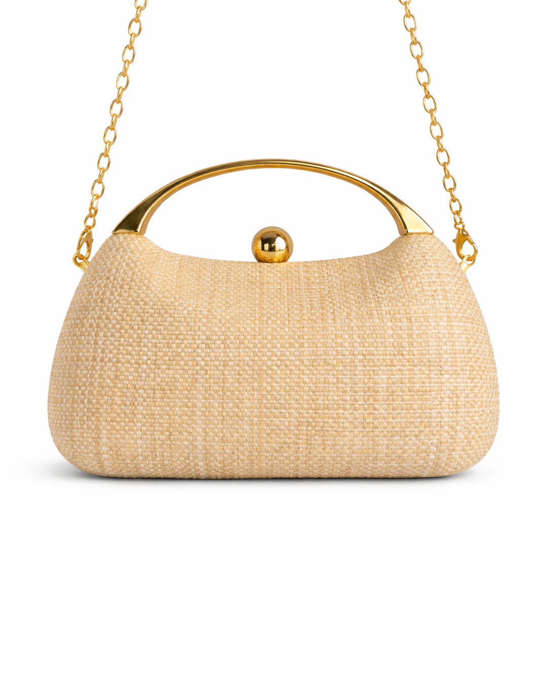 Natural Woven Straw Oval Gold Top Handle Kiss Lock Clutch Bag