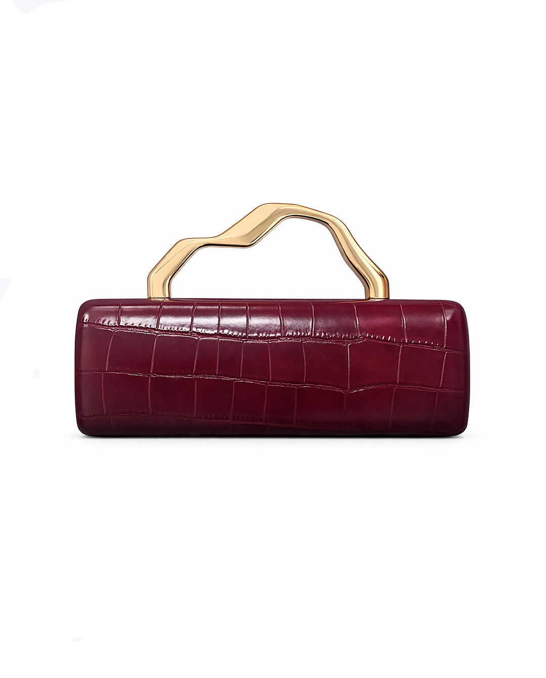 Burgundy Croc Embossed Irregular Gold Handle Hardcase Clutch Bag