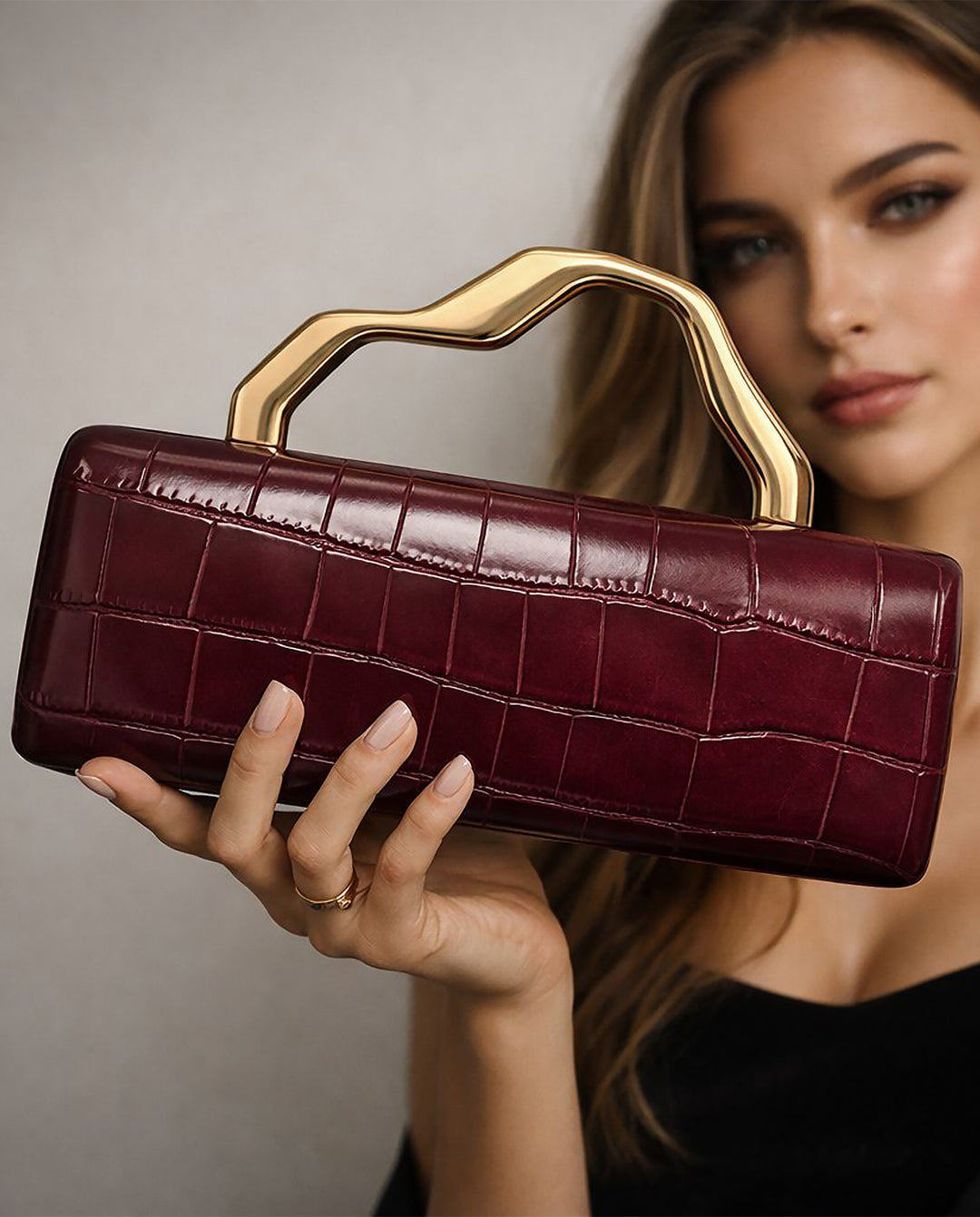 Burgundy Croc Embossed Irregular Gold Handle Hardcase Clutch Bag