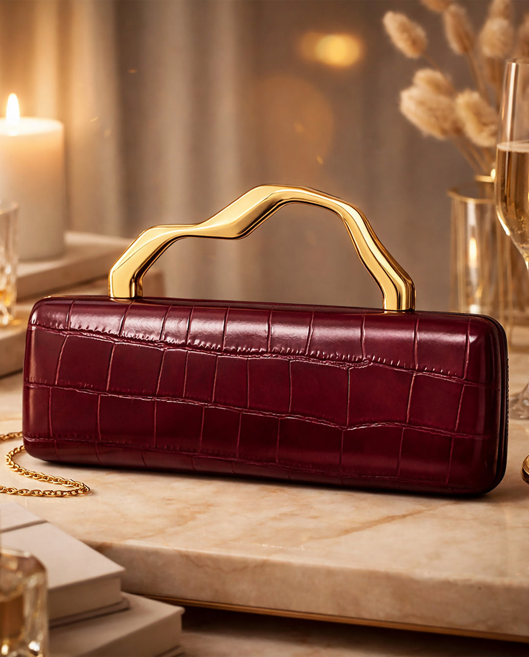 Burgundy Croc Embossed Irregular Gold Handle Hardcase Clutch Bag