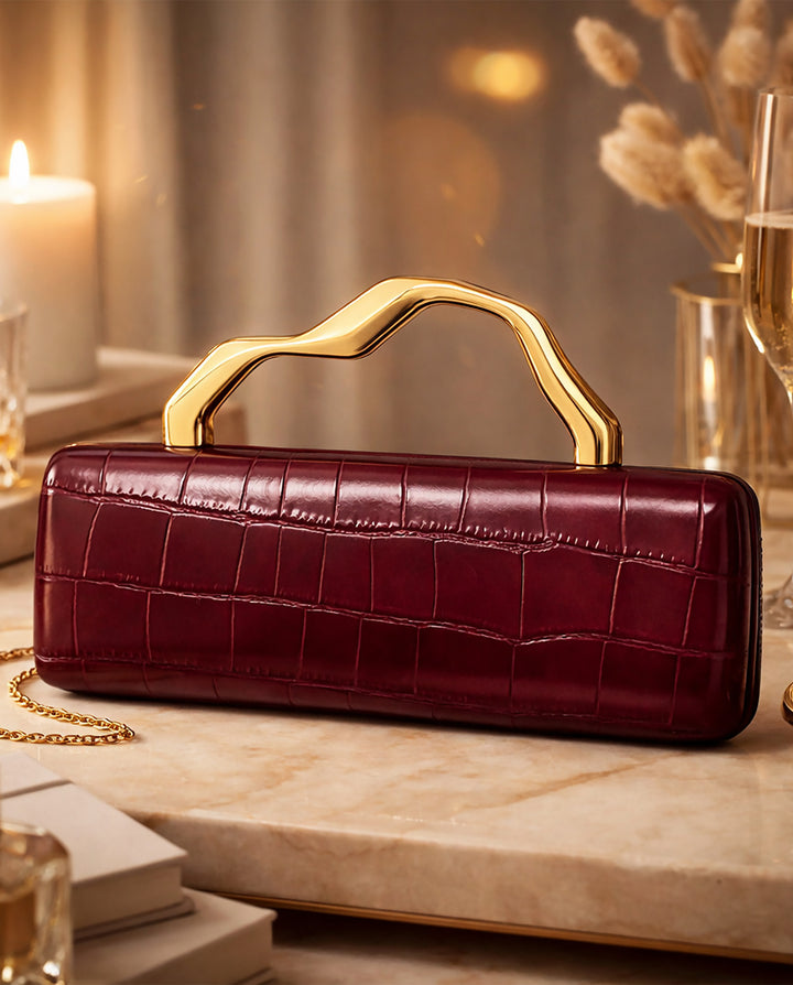 Burgundy Croc Embossed Irregular Gold Handle Hardcase Clutch Bag