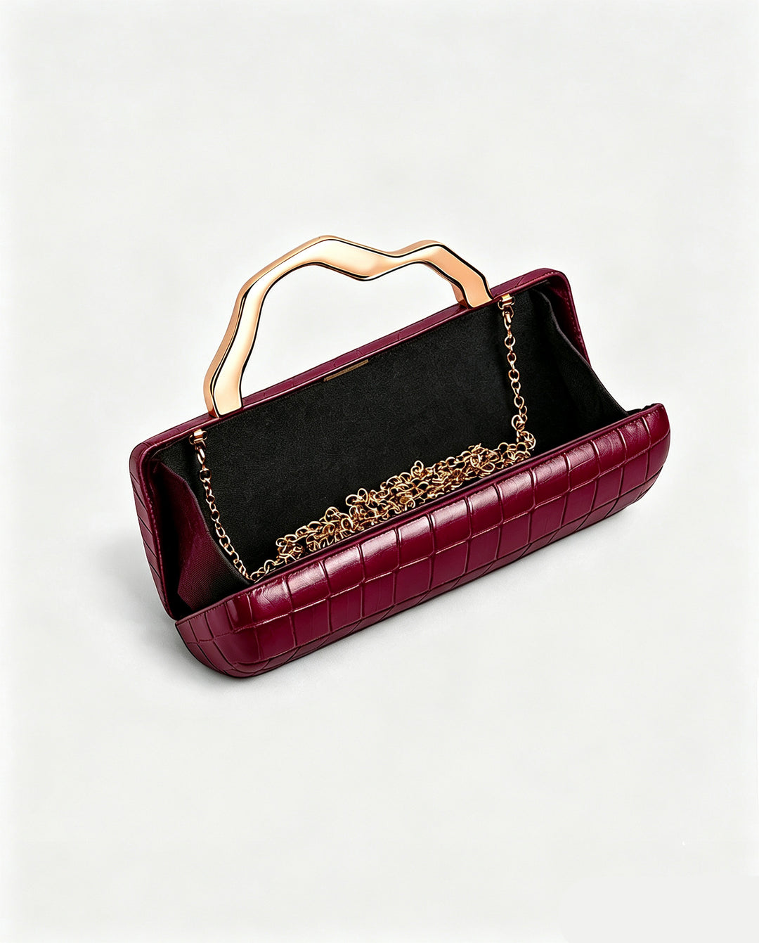 Burgundy Croc Embossed Irregular Gold Handle Hardcase Clutch Bag