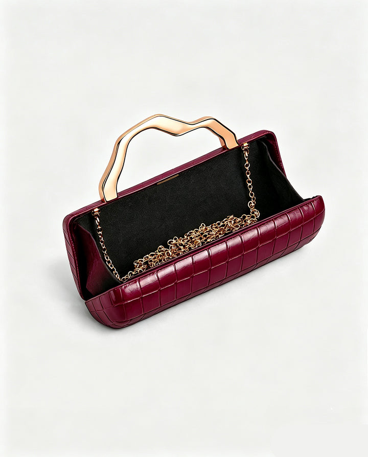 Burgundy Croc Embossed Irregular Gold Handle Hardcase Clutch Bag