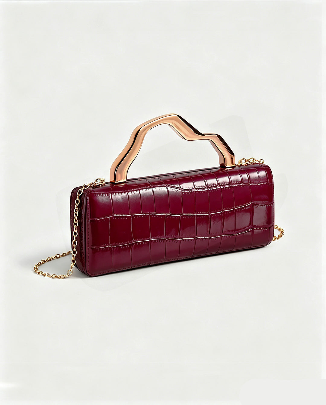 Burgundy Croc Embossed Irregular Gold Handle Hardcase Clutch Bag