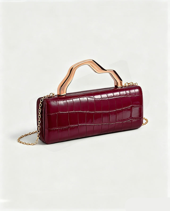 Burgundy Croc Embossed Irregular Gold Handle Hardcase Clutch Bag