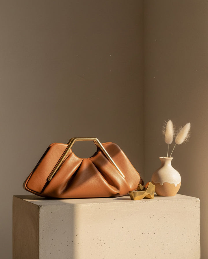 Cognac Faux Leather Pleated Hexagon Gold Metal Frame Top Handle Clutch Bag