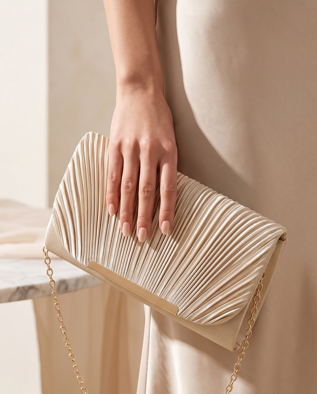 Champagne Pleated Flap Crossbody Evening Clutch Bag