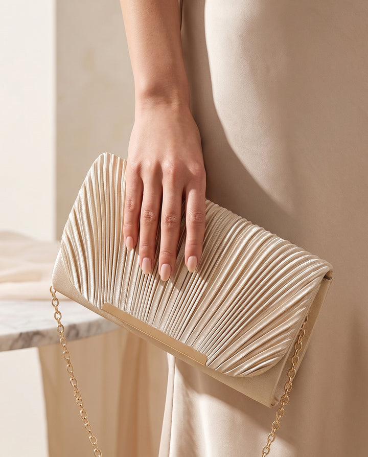 Champagne Pleated Flap Crossbody Evening Clutch Bag