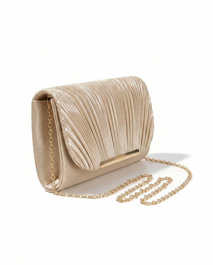 Champagne Pleated Flap Crossbody Evening Clutch Bag
