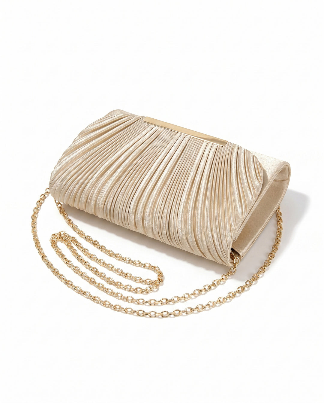 Champagne Pleated Flap Crossbody Evening Clutch Bag