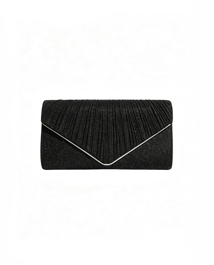 Black Pleated Glitter Silver Trim Envelope Clutch Crossbody Bag