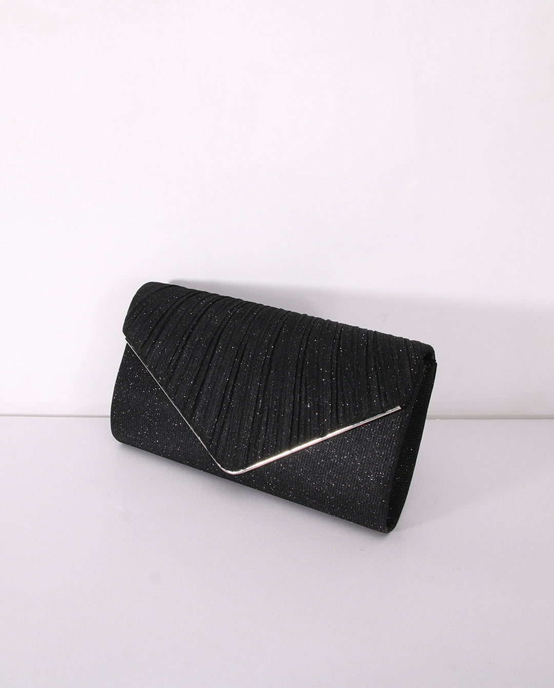 Black Pleated Glitter Silver Trim Envelope Clutch Crossbody Bag