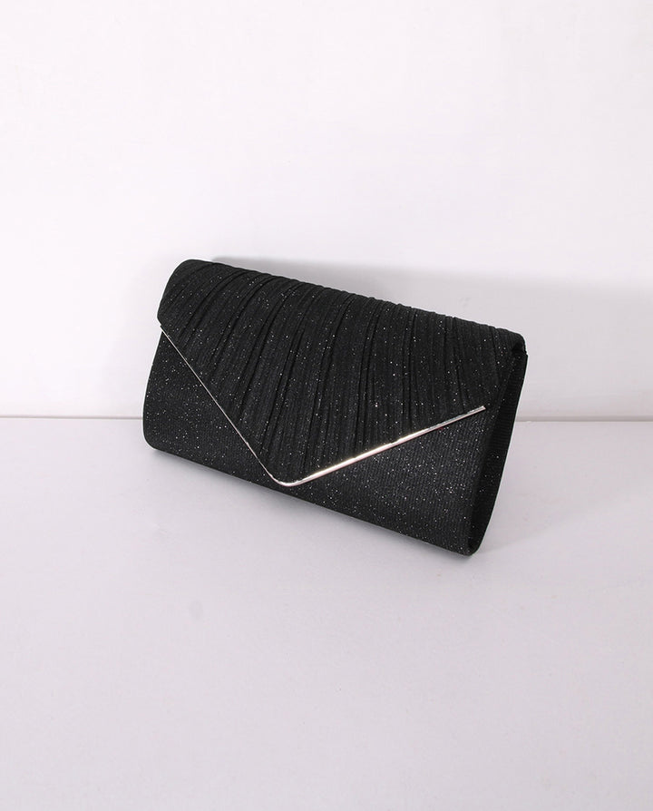 Black Pleated Glitter Silver Trim Envelope Clutch Crossbody Bag