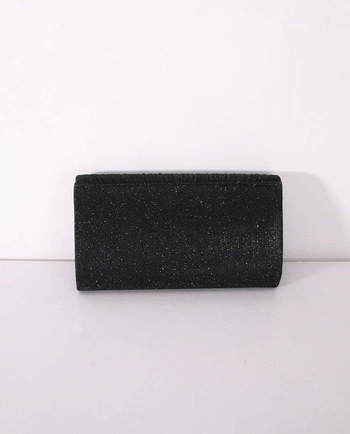 Black Pleated Glitter Silver Trim Envelope Clutch Crossbody Bag
