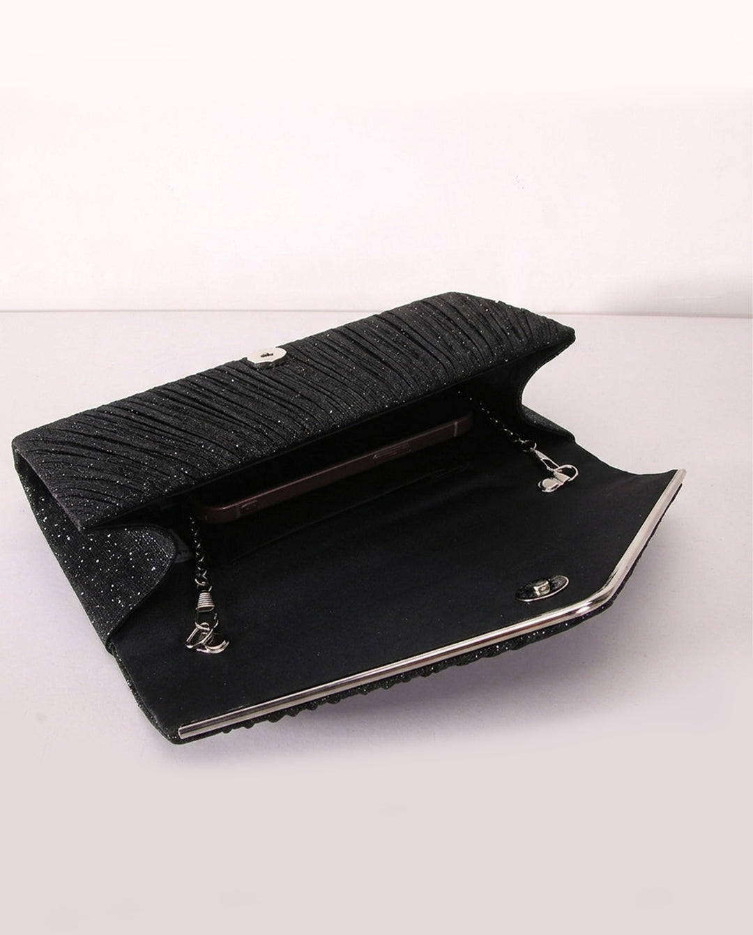 Black Pleated Glitter Silver Trim Envelope Clutch Crossbody Bag