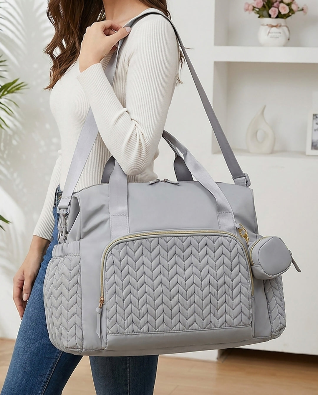 Grey Chevron Quilted Travel Duffle Bag With Mini Coin Purse