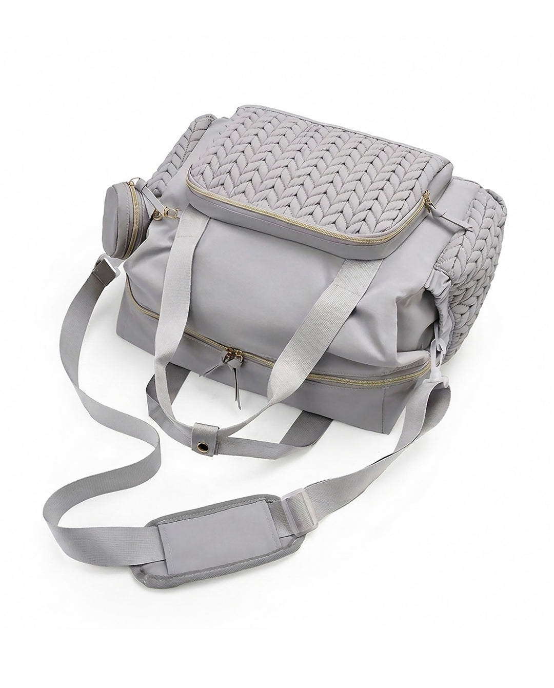 Grey Chevron Quilted Travel Duffle Bag With Mini Coin Purse