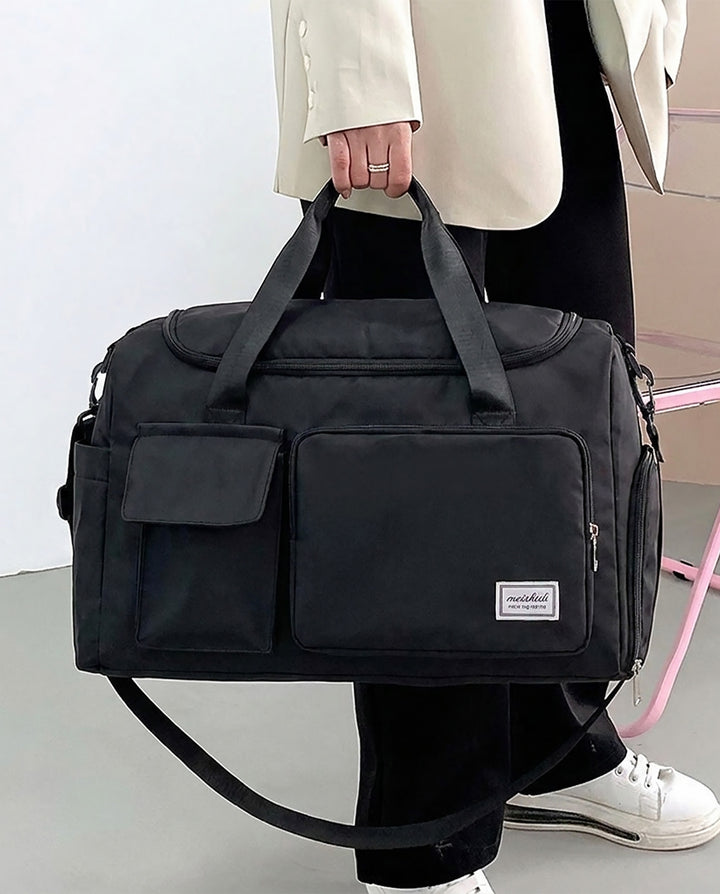 Black Multi Pocket Nylon Travel Duffle Gym Bag