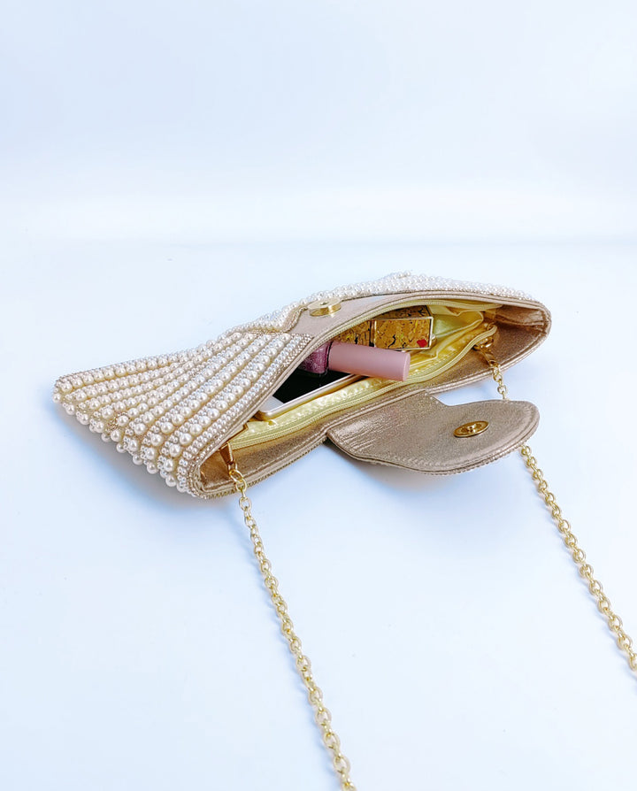 Champagne Striped Pearl Rhinestone U-Flap Gold Chain Crossbody Clutch Bag