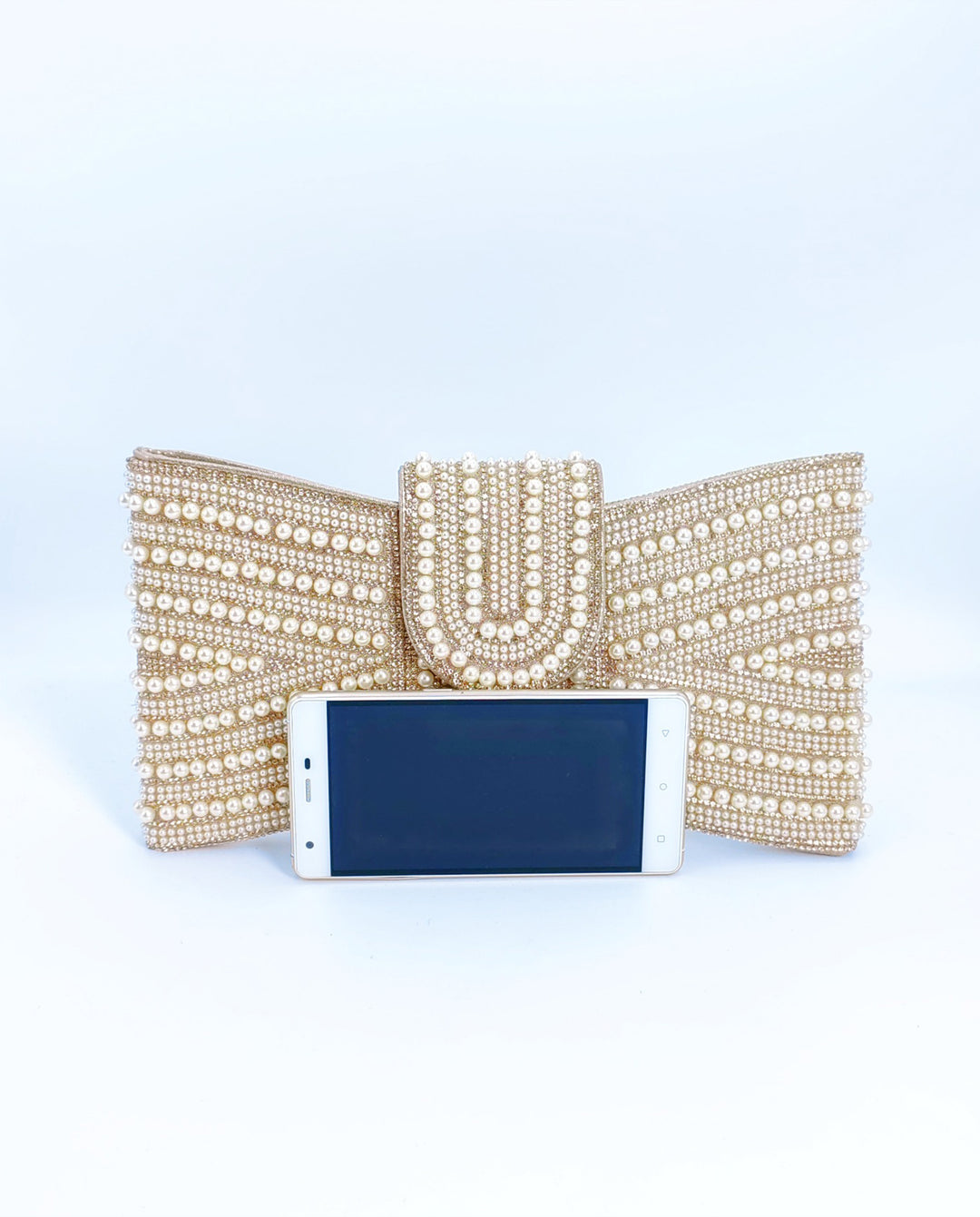 Champagne Striped Pearl Rhinestone U-Flap Gold Chain Crossbody Clutch Bag