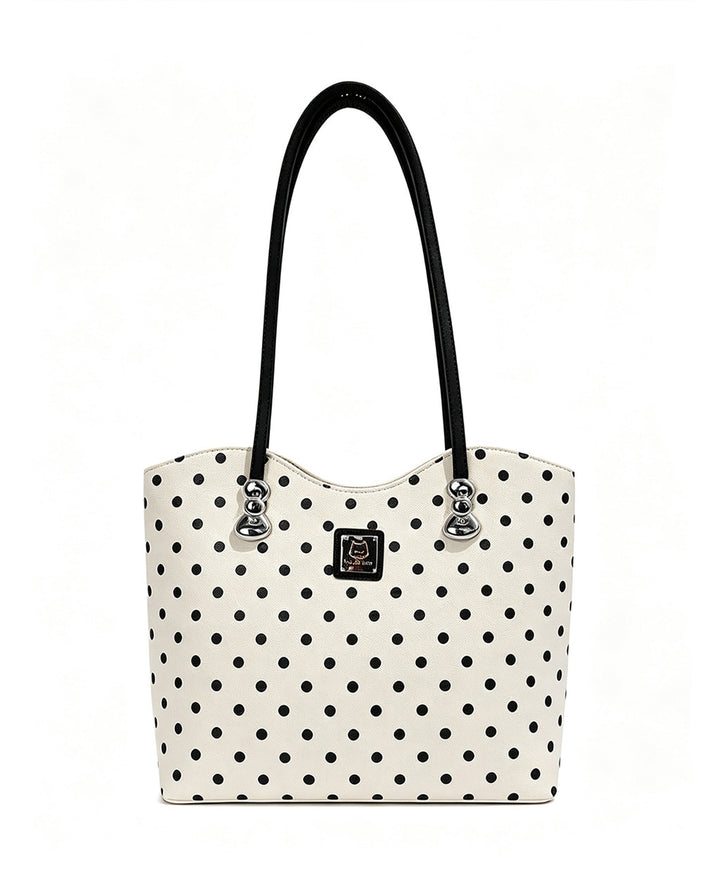 SOLACEWhite Black Polka Dot Large Capacity Tote Bag With Black Handles