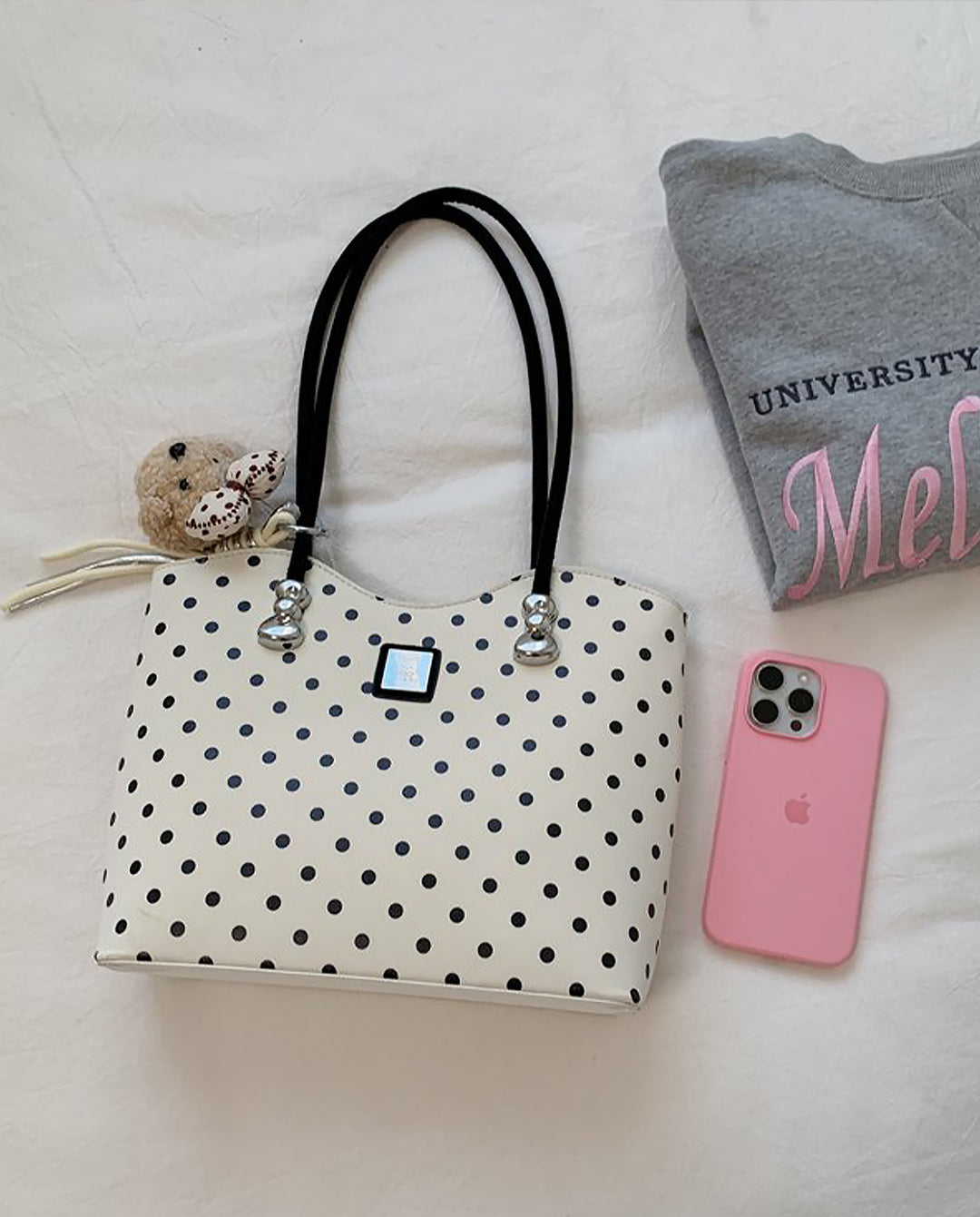 White Black Polka Dot Large Capacity Tote Bag With Black Handles