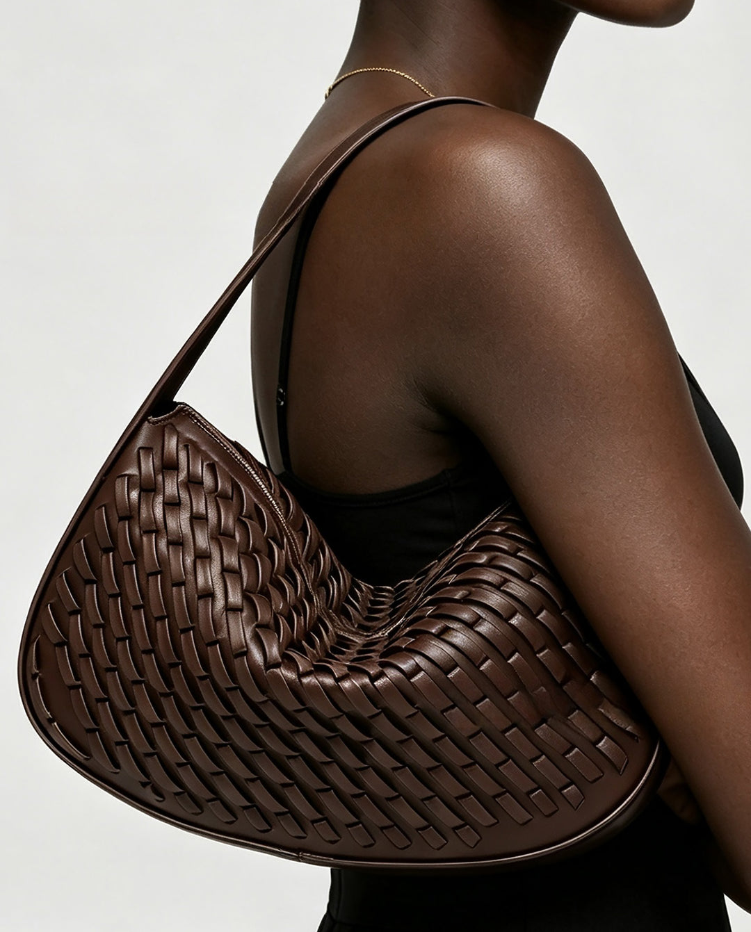 Dark Brown Woven Crescent Hobo Underarm Shoulder Bag
