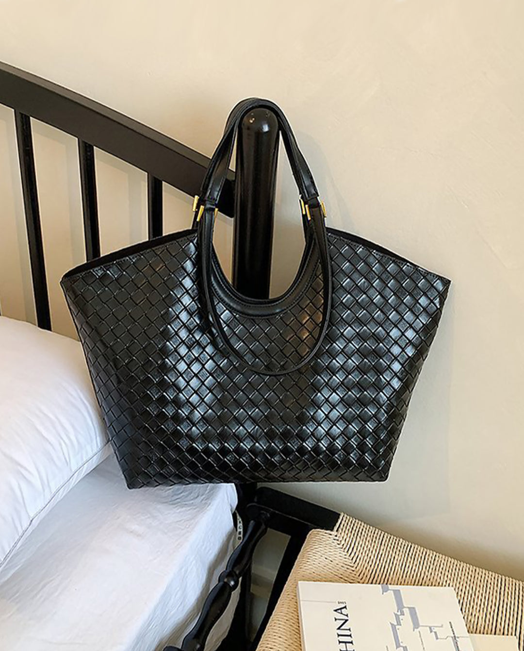 Black Hand Woven Large Capacity Wing Tote Bag