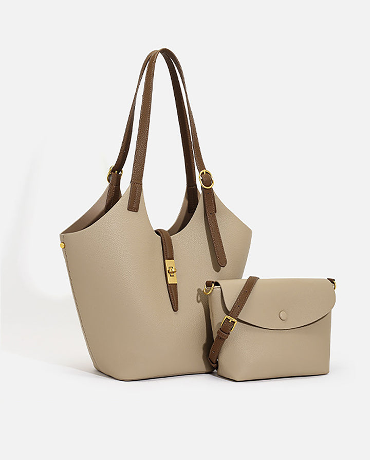 Khaki Color Block 2 In 1 Large Capacity Tote Bag With Mini Crossbody Pouch