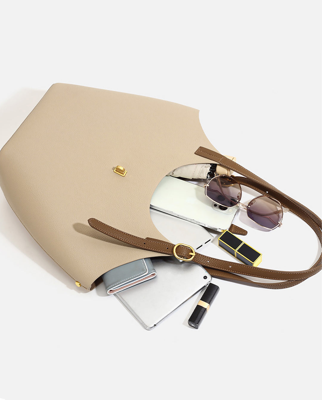 Khaki Color Block 2 In 1 Large Capacity Tote Bag With Mini Crossbody Pouch